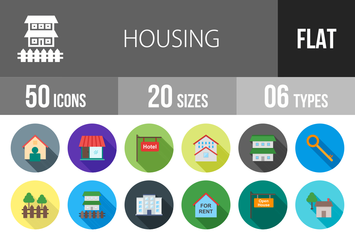 50 Housing Flat Shadowed Icons - Overview - IconBunny
