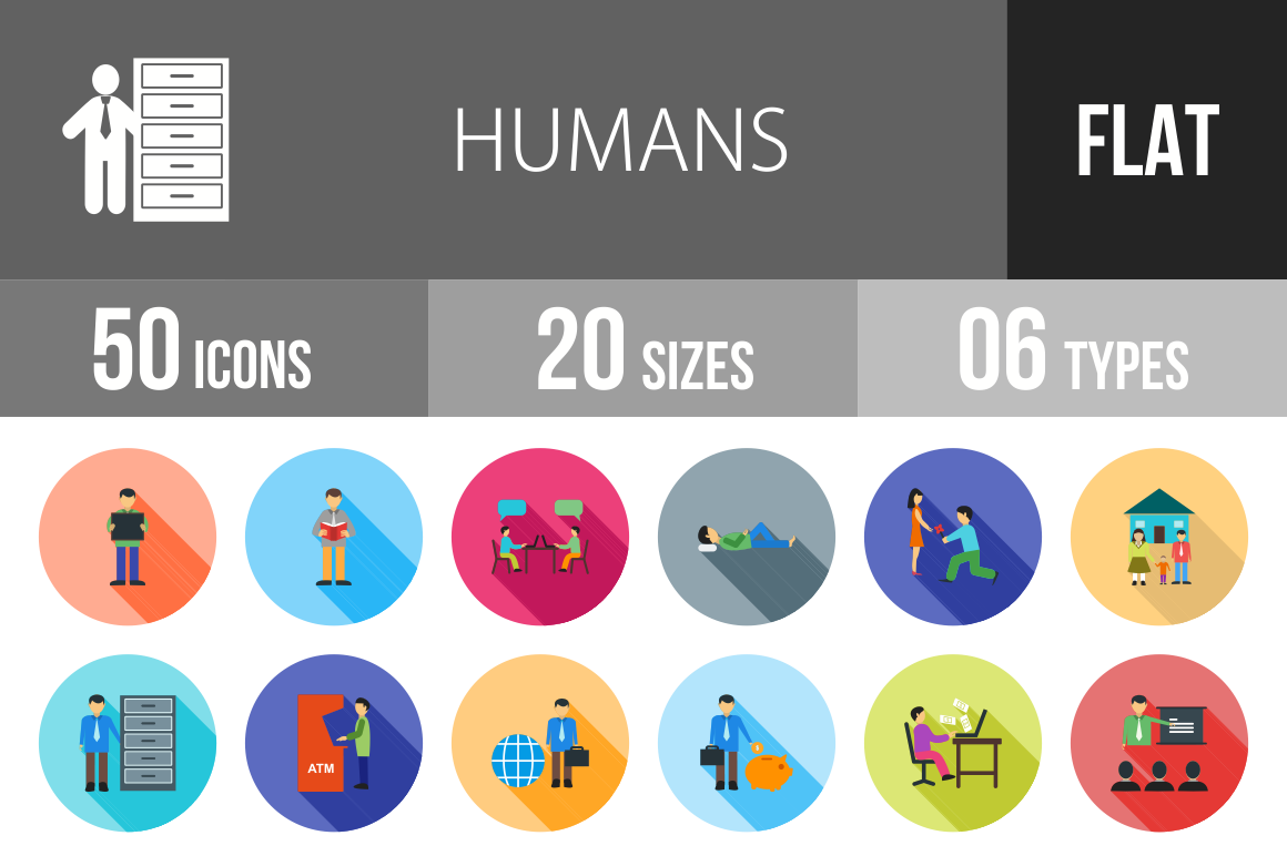 50 Humans Flat Shadowed Icons - Overview - IconBunny