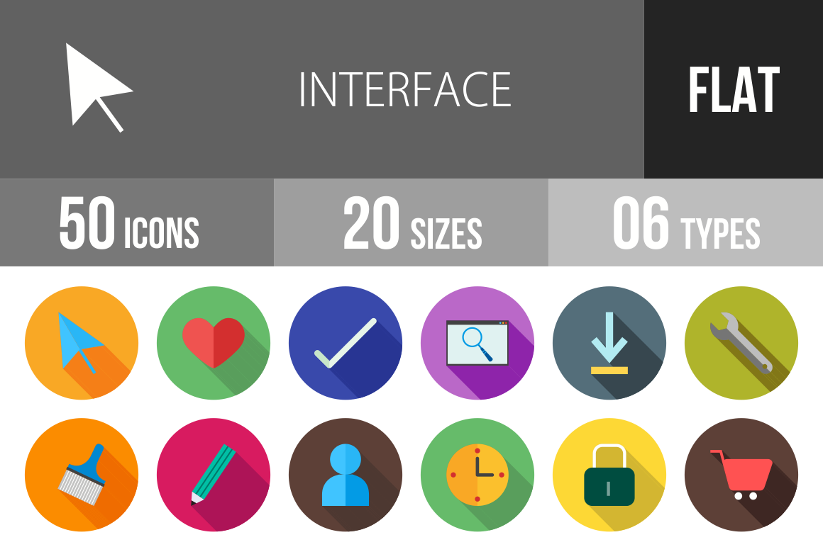 50 Interface Flat Shadowed Icons - Overview - IconBunny