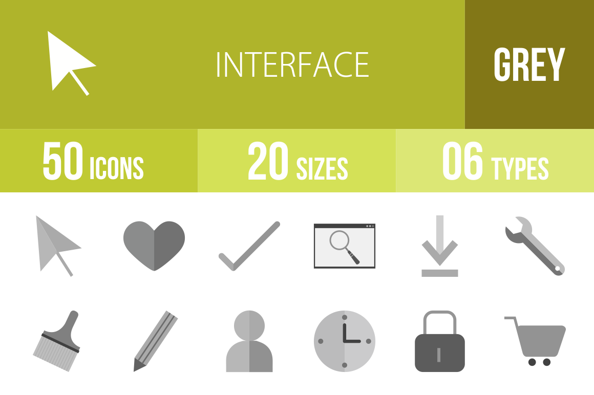 50 Interface Greyscale Icons - Overview - IconBunny