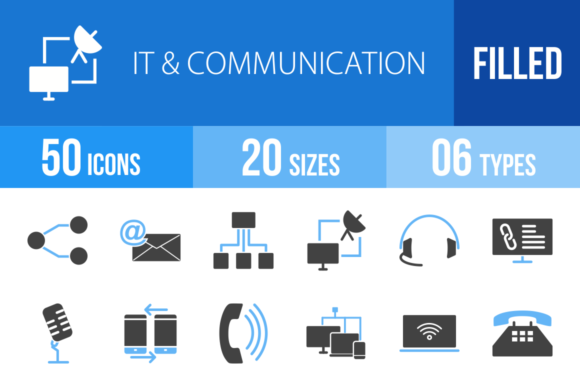 50 IT & Communication Blue & Black Icons - Overview - IconBunny