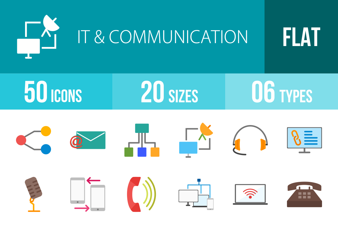 50 IT & Communication Flat Multicolor Icons - Overview - IconBunny