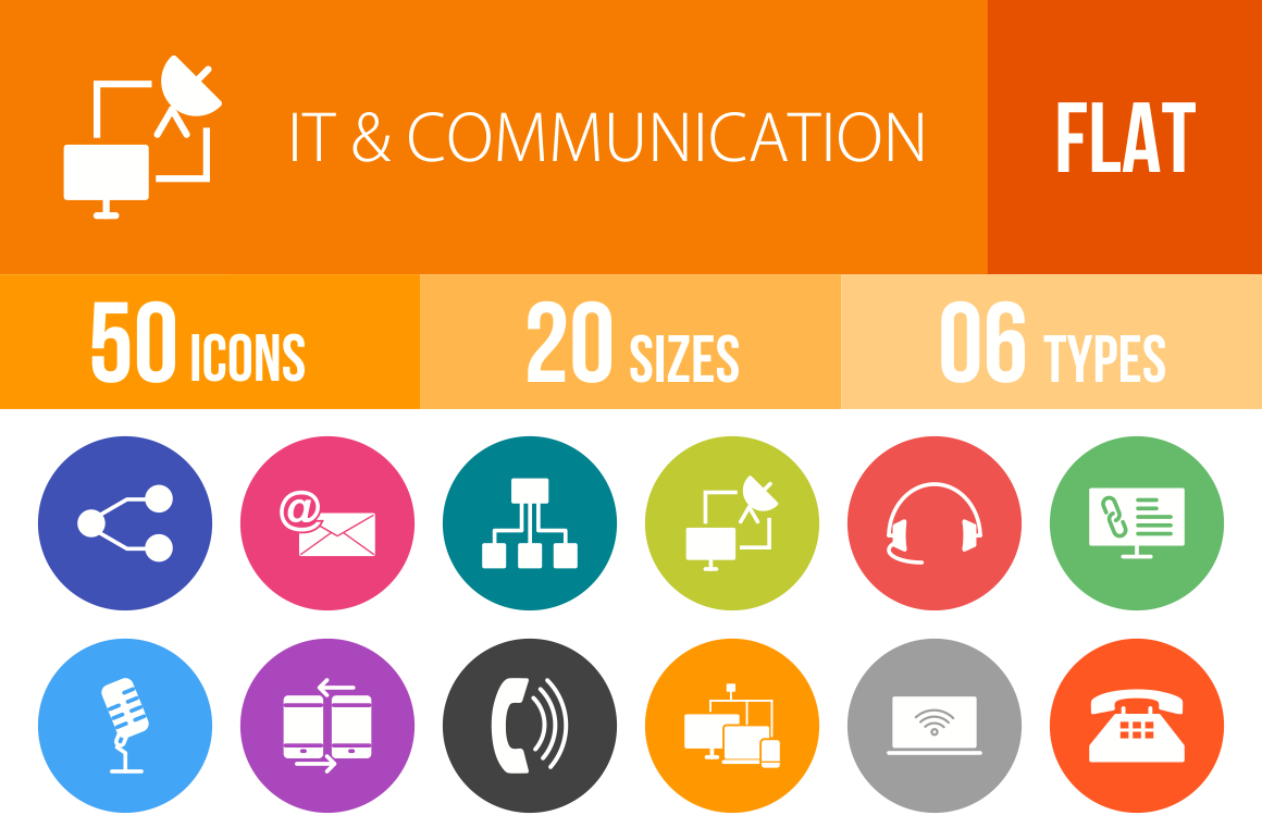 50 IT & Communication Flat Round Icons - Overview - IconBunny