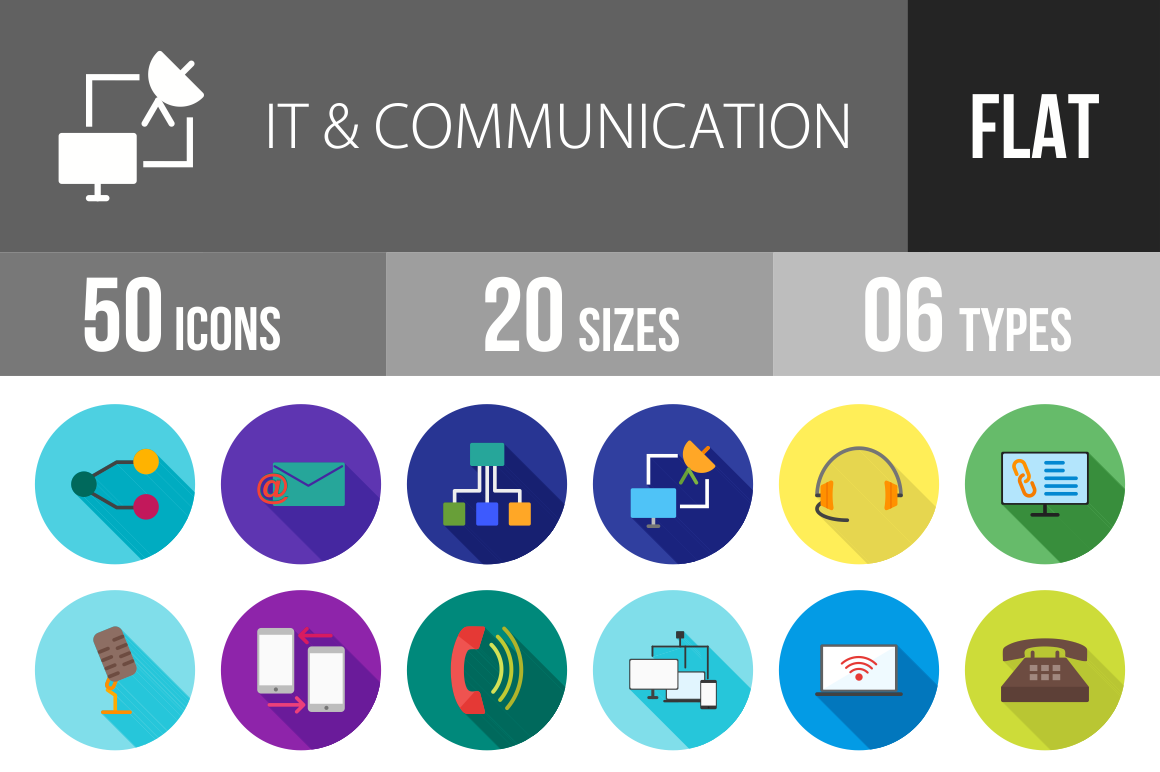50 IT & Communication Flat Shadowed Icons - Overview - IconBunny