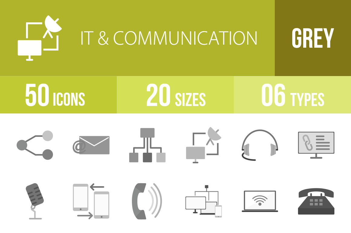50 IT & Communication Greyscale Icons - Overview - IconBunny
