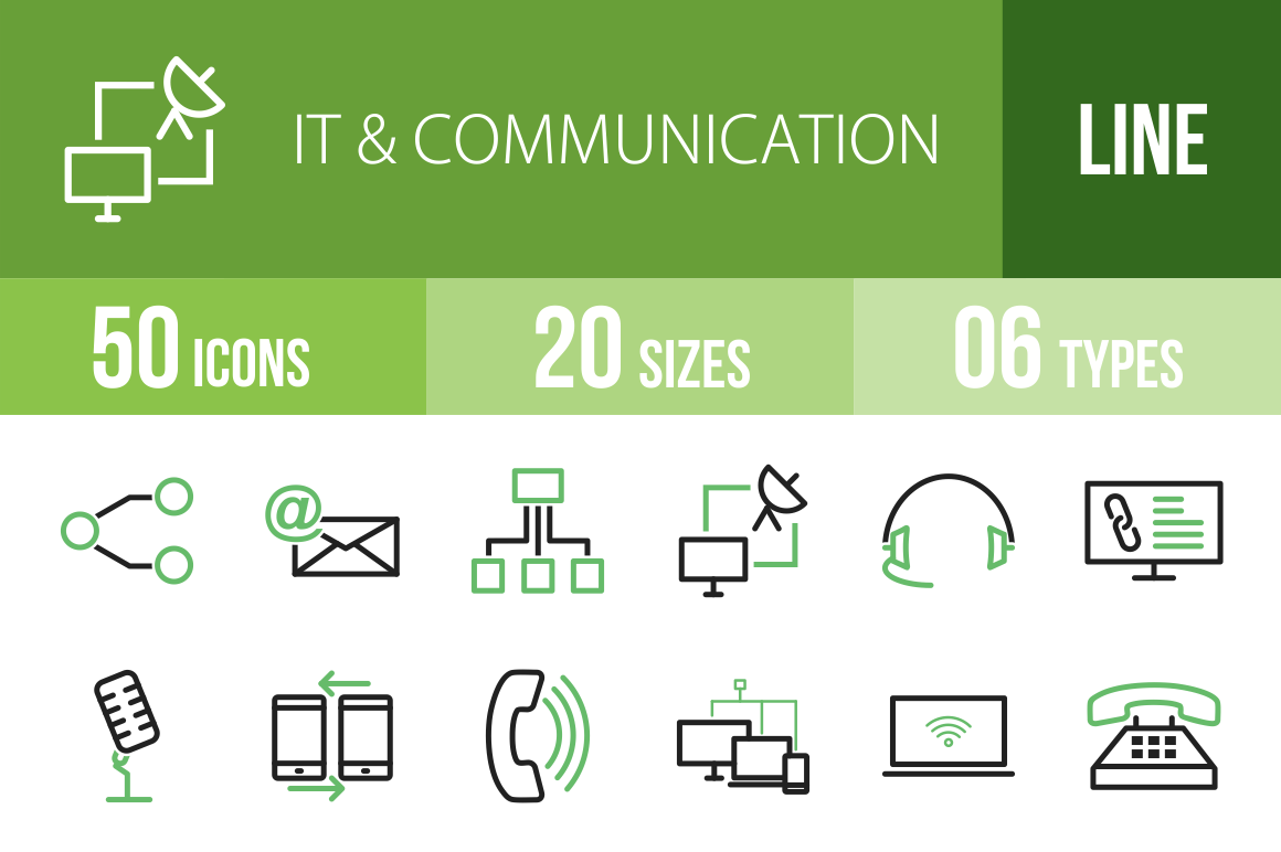 50 IT & Communication Line Green & Black Icons - Overview - IconBunny