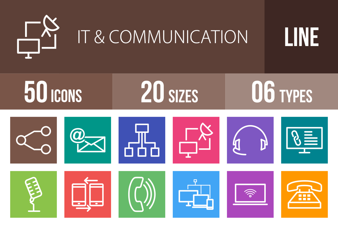 50 IT & Communication Line Multicolor B/G Icons - Overview - IconBunny