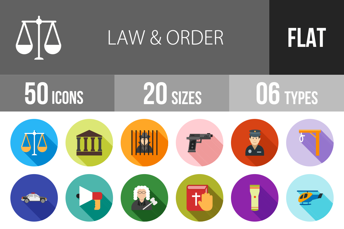 50 Law & Order Flat Shadowed Icons - Overview - IconBunny