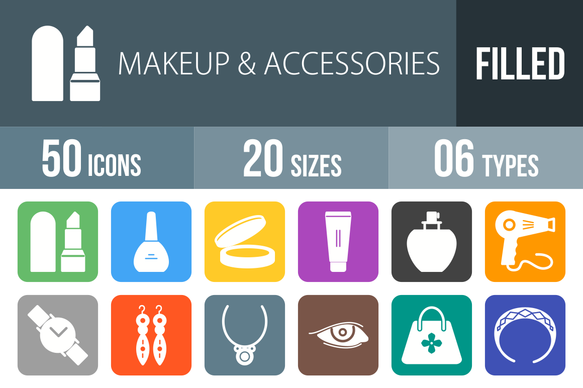 50 Makeup & Accessories Flat Round Corner Icons - Overview - IconBunny