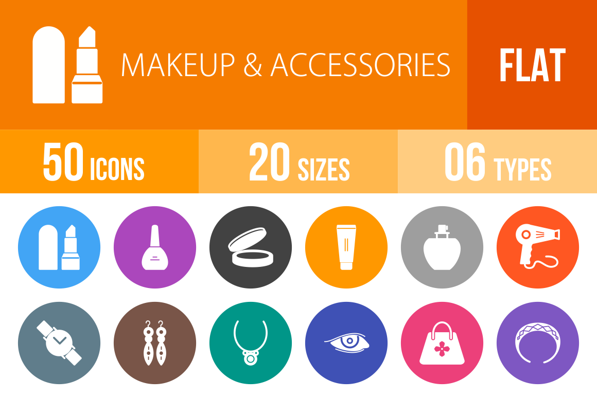 50 Makeup & Accessories Flat Round Icons - Overview - IconBunny