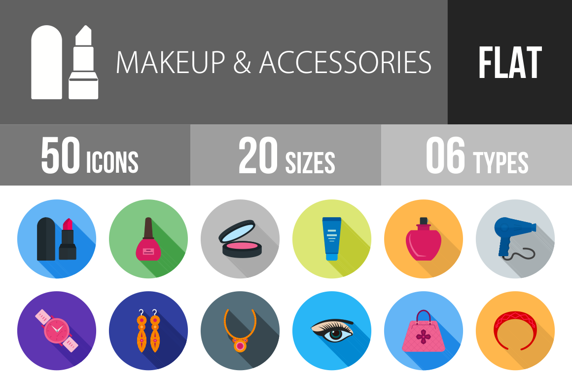 50 Makeup & Accessories Flat Shadowed Icons - Overview - IconBunny