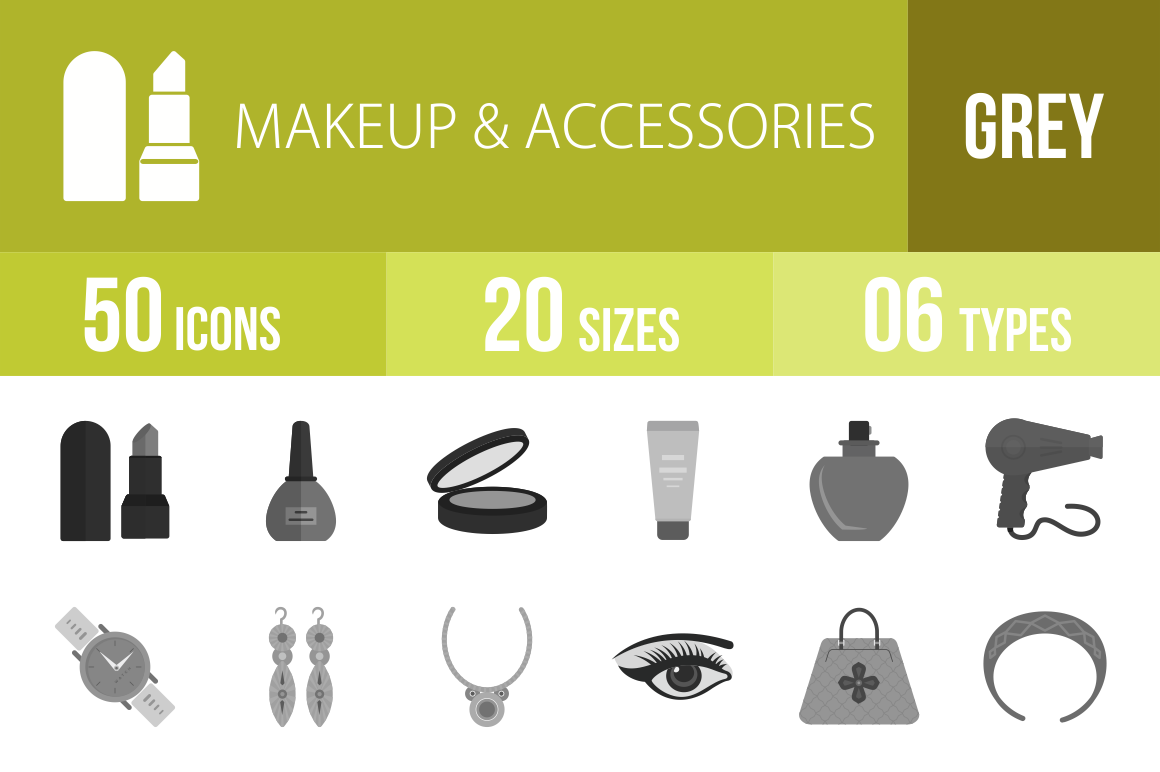 50 Makeup & Accessories Greyscale Icons - Overview - IconBunny