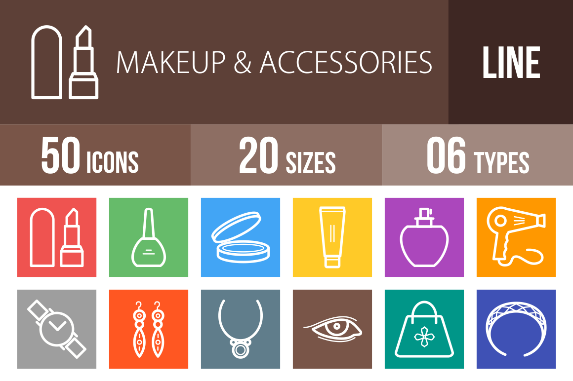 50 Makeup & Accessories Line Multicolor B/G Icons - Overview - IconBunny