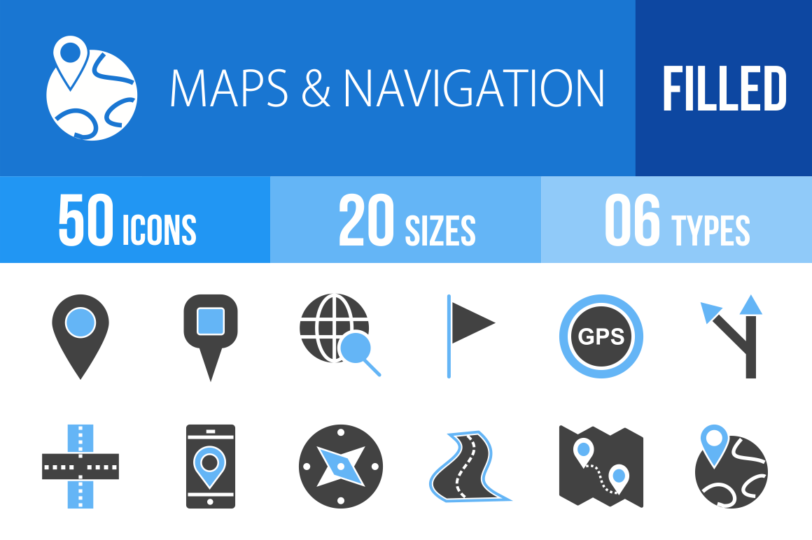 50 Maps & Navigation Blue Black Icons - Overview - IconBunny