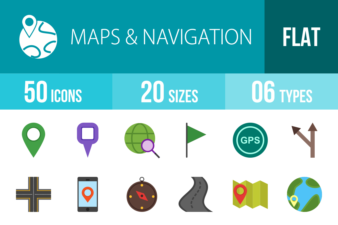50 Maps & Navigation Flat Multicolor Icons - Overview - IconBunny