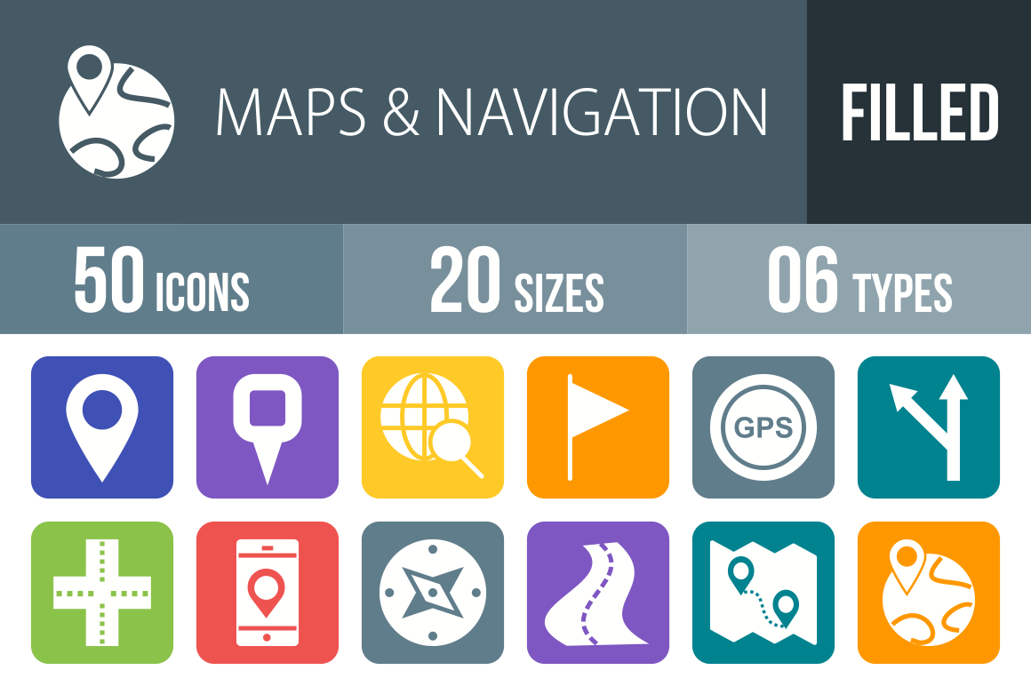 50 Maps & Navigation Flat Round Corner Icons - Overview - IconBunny