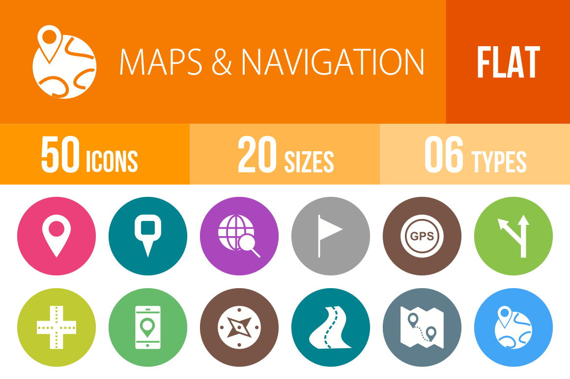 50 Maps & Navigation Flat Round Icons - Overview - IconBunny