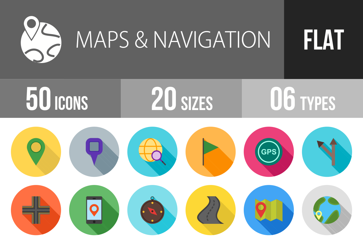 50 Maps & Navigation Flat Shadowed Icons - Overview - IconBunny