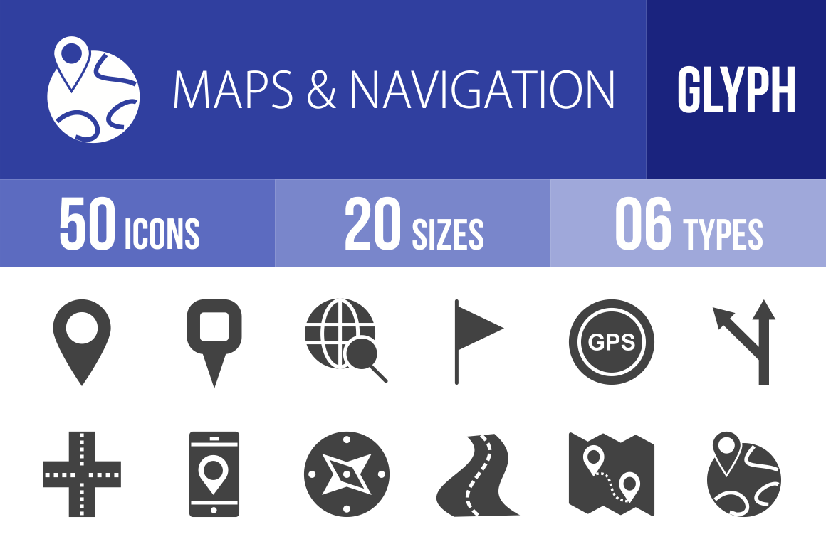 50 Maps & Navigation Glyph Icons - Overview - IconBunny