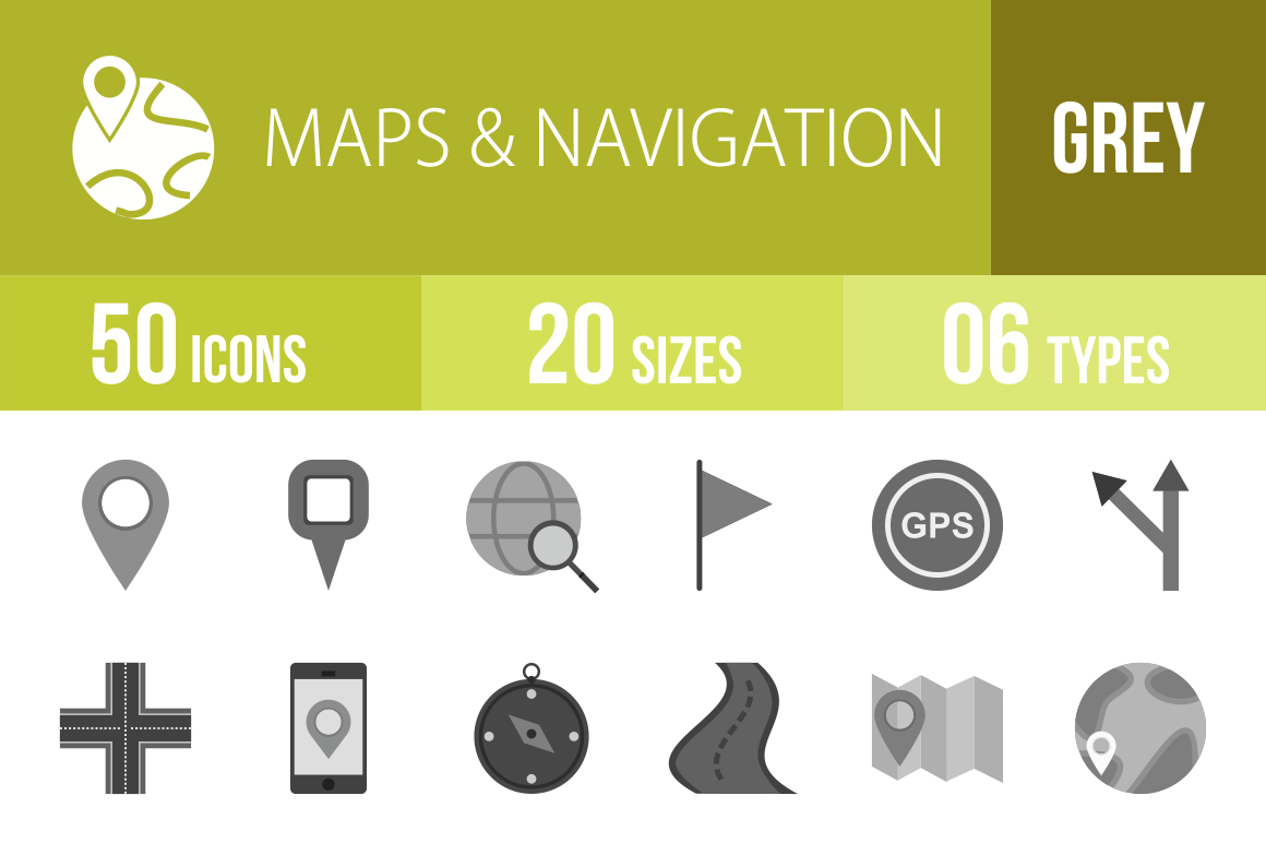 50 Maps & Navigation Greyscale Icons - Overview - IconBunny