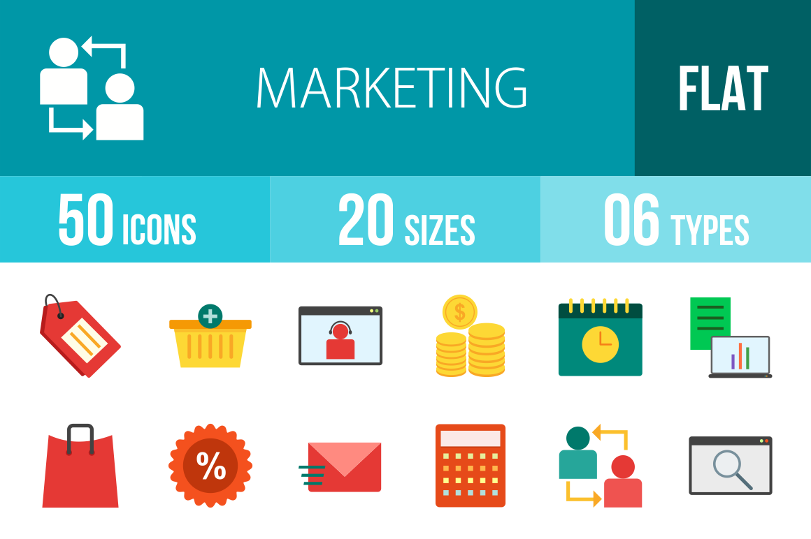 50 Marketing Flat Multicolor Icons - Overview - IconBunny