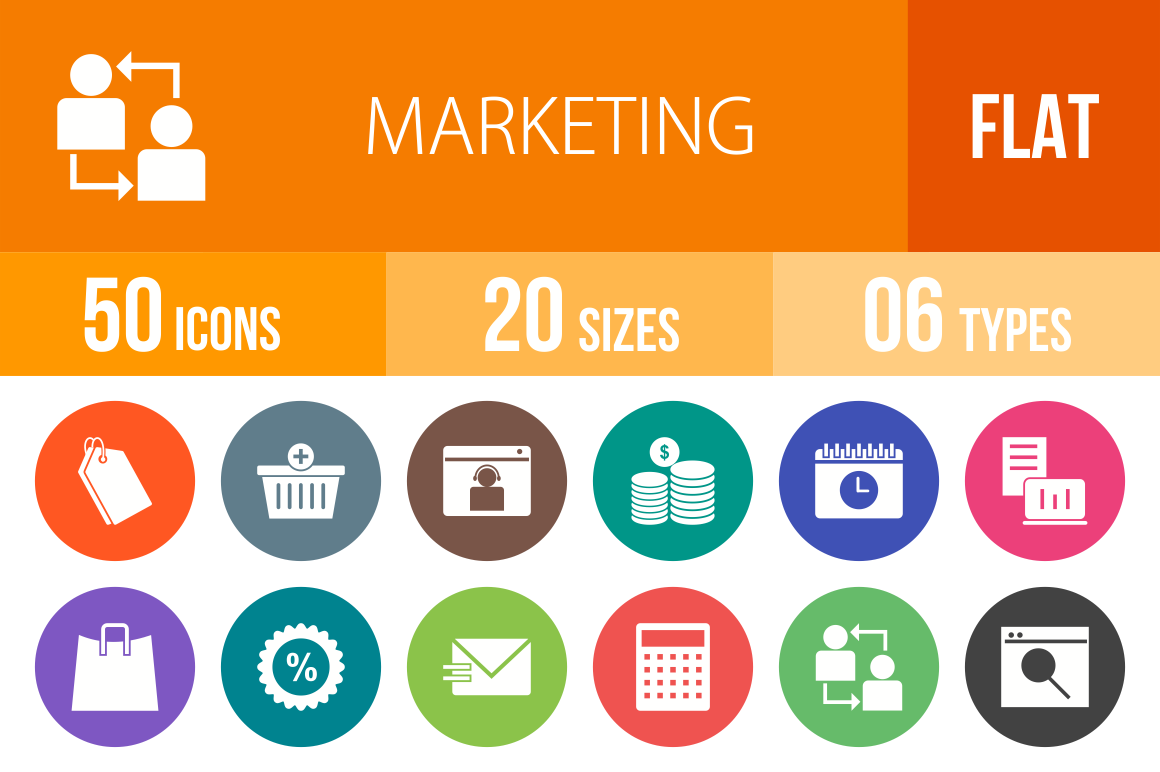 50 Marketing Flat Round Icons - Overview - IconBunny