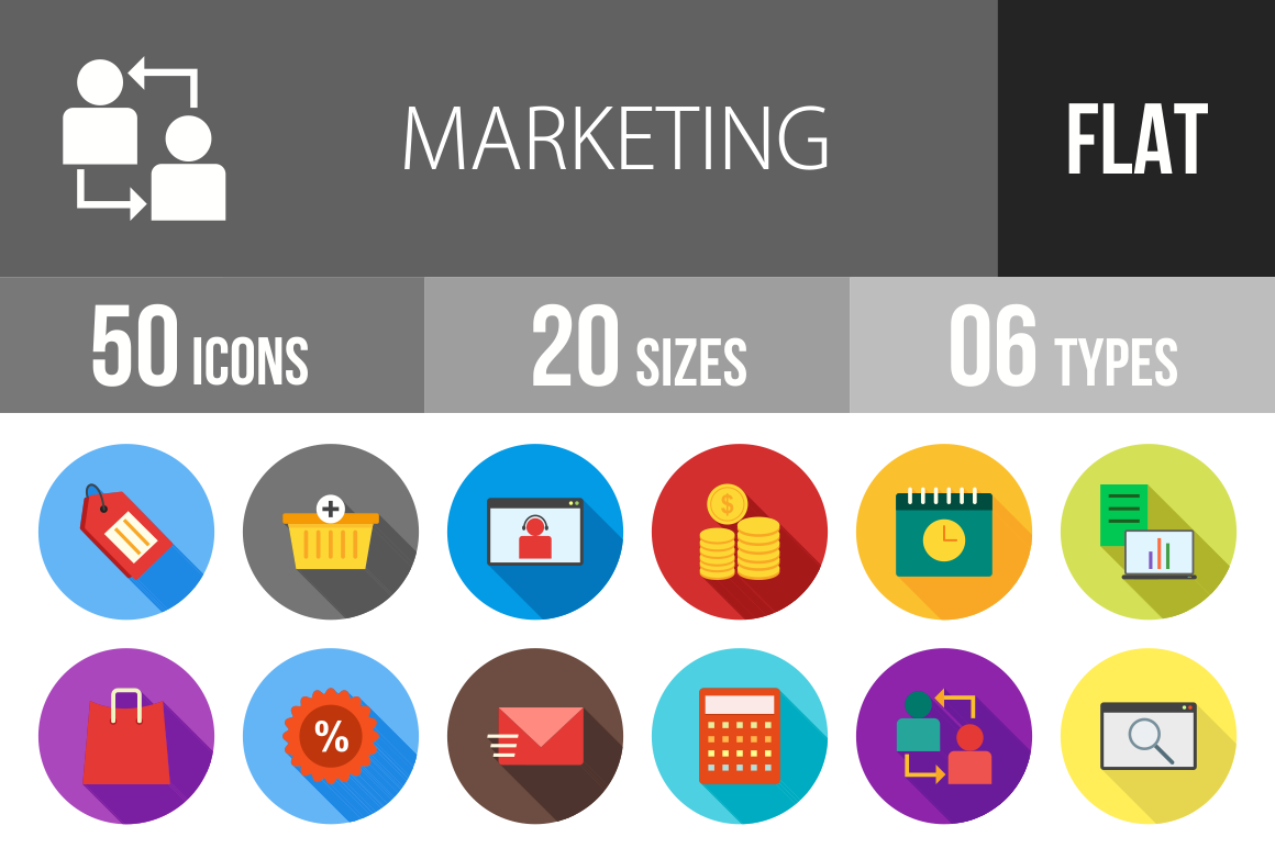 50 Marketing Flat Shadowed Icons - Overview - IconBunny