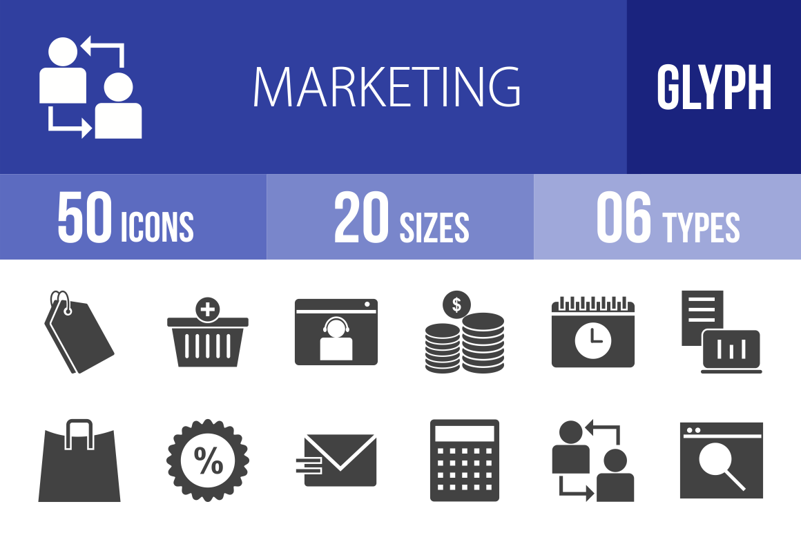 50 Marketing Glyph Icons - Overview - IconBunny