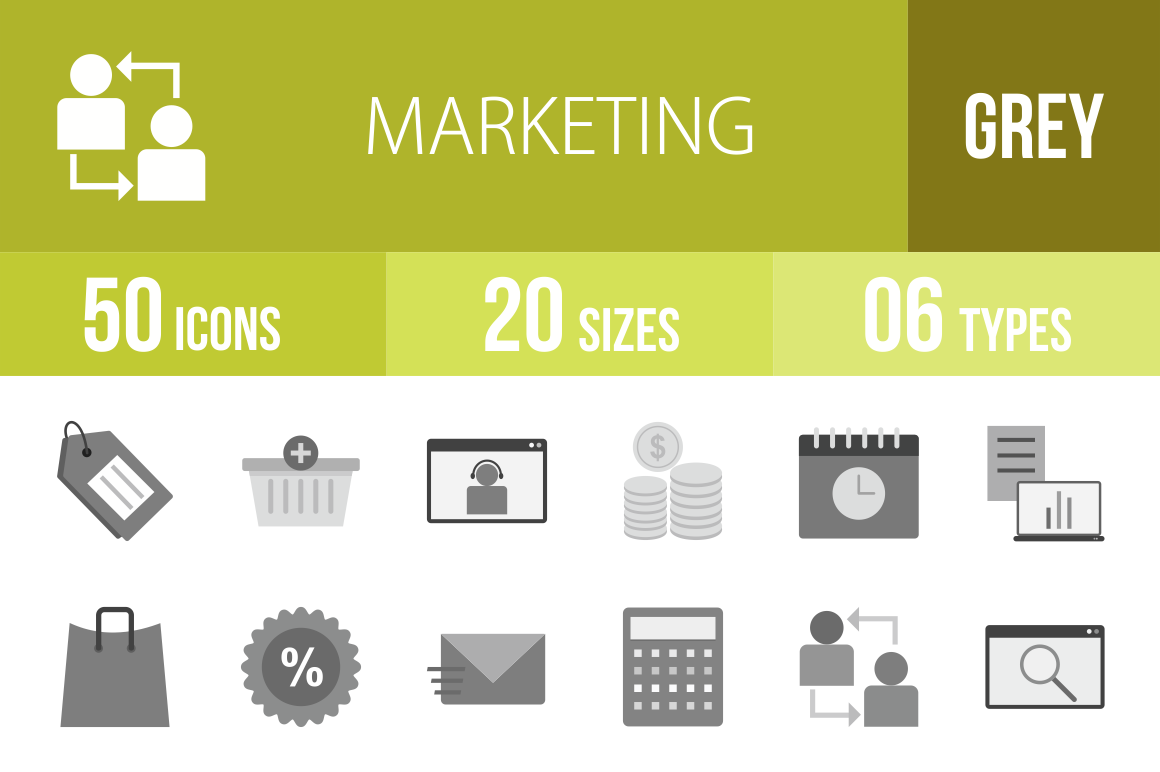 50 Marketing Greyscale Icons - Overview - IconBunny