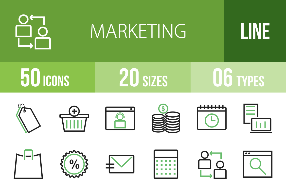 50 Marketing Line Green Black Icons - Overview - IconBunny