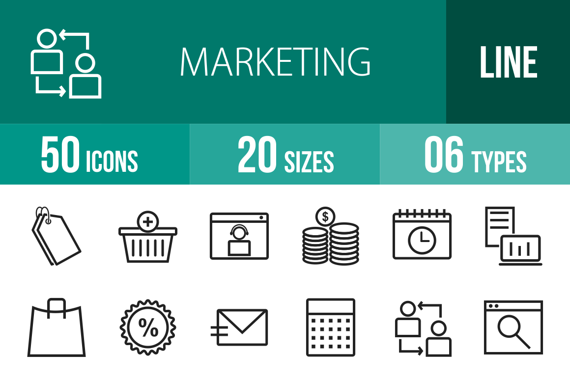 50 Marketing Line Icons - Overview - IconBunny