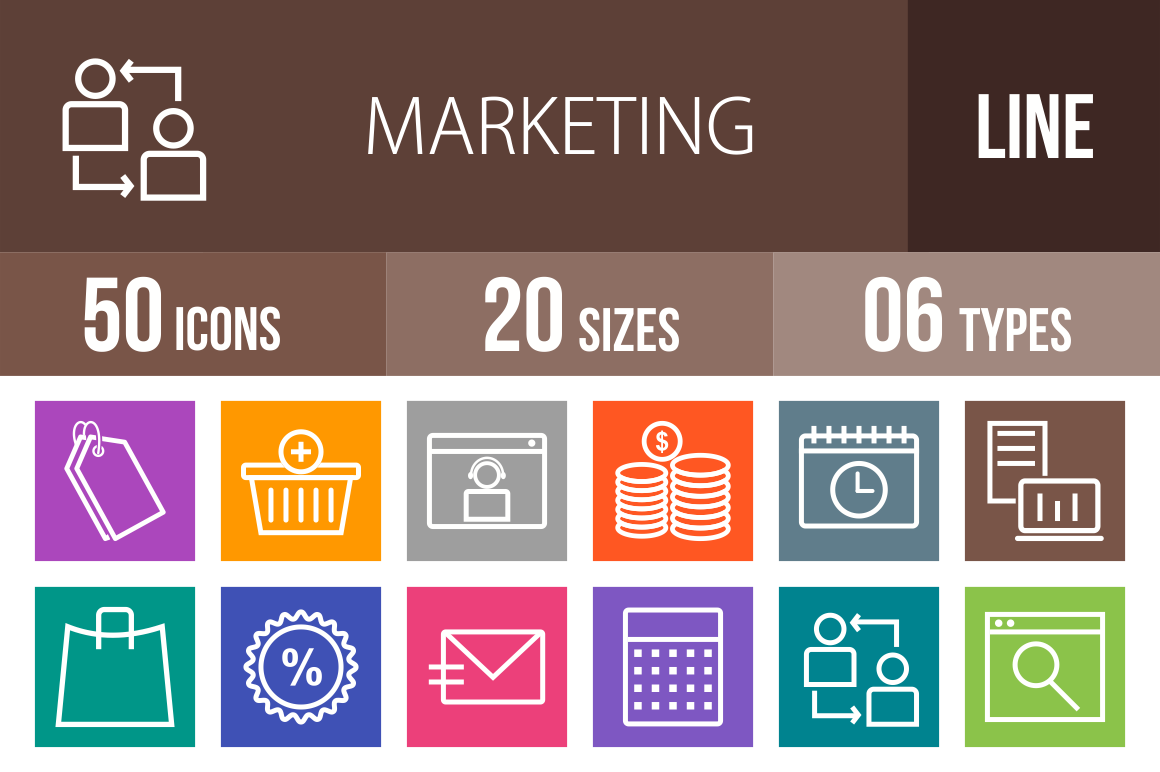 50 Marketing Line Multicolor B/G Icons - Overview - IconBunny