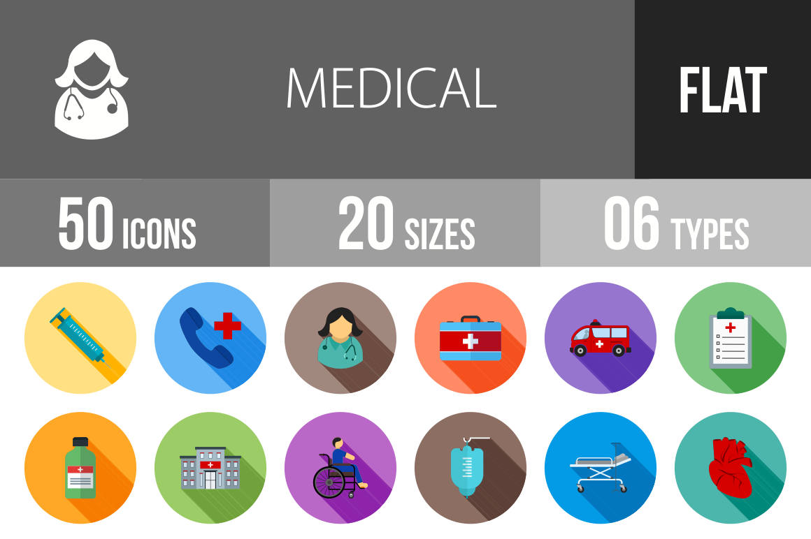 50 Medical Flat Shadowed Icons - Overview - IconBunny