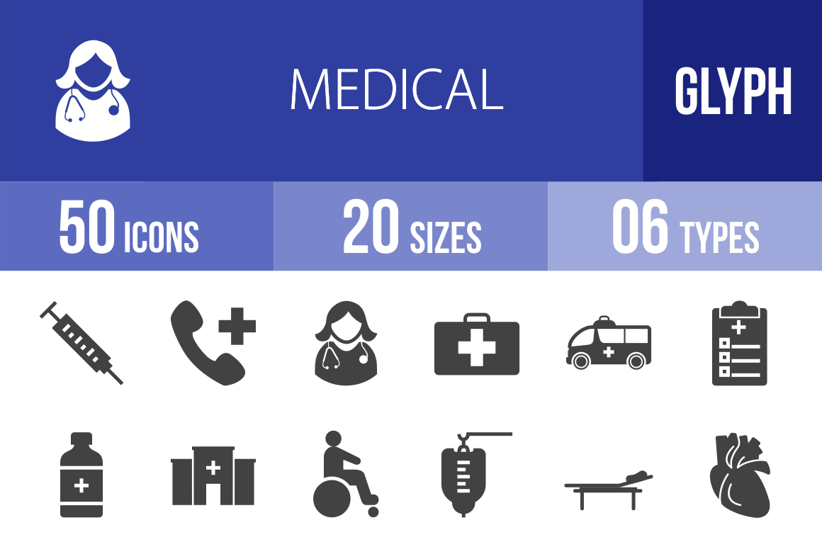 50 Medical Glyph Icons - Overview - IconBunny