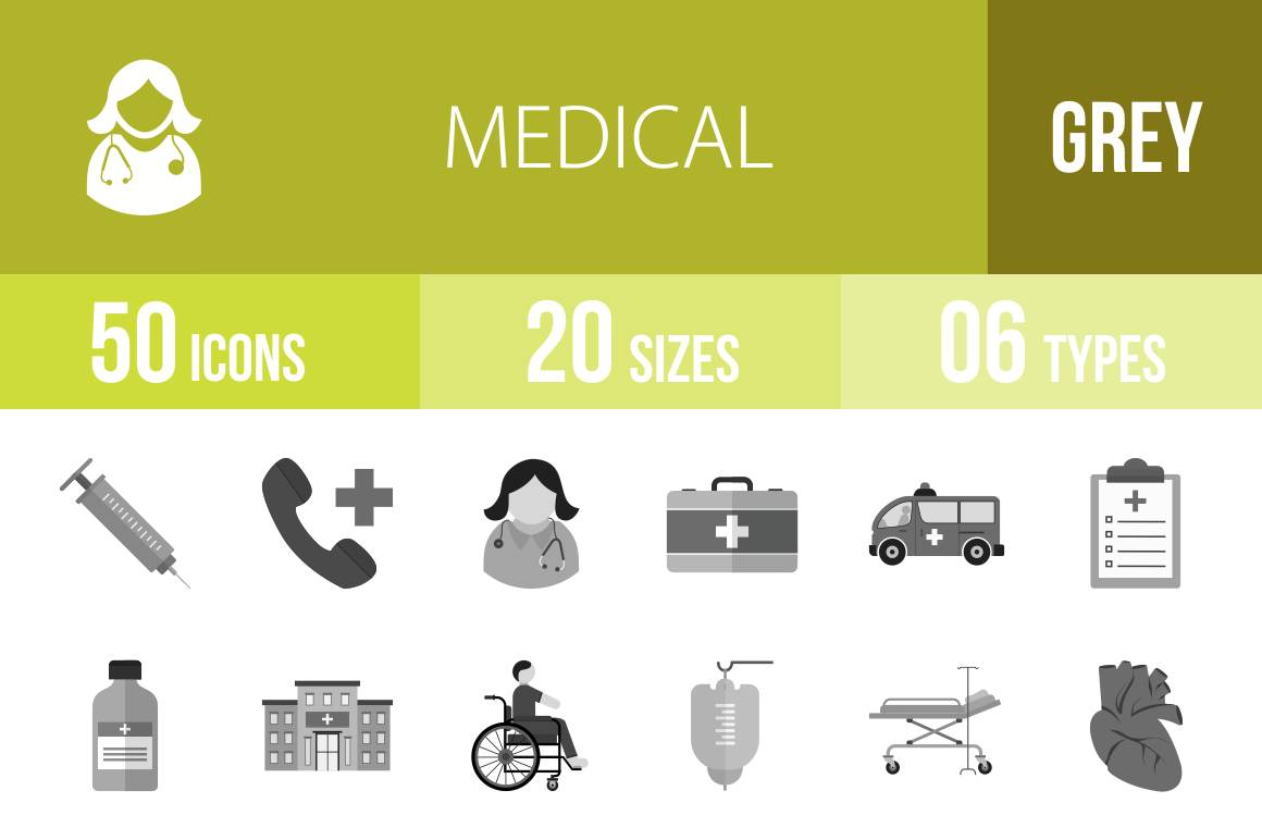 50 Medical Greyscale Icons - Overview - IconBunny