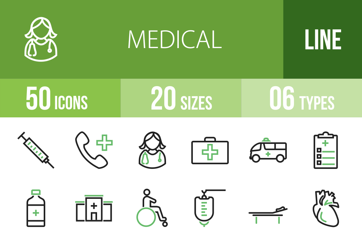 50 Medical Line Green & Black Icons - Overview - IconBunny