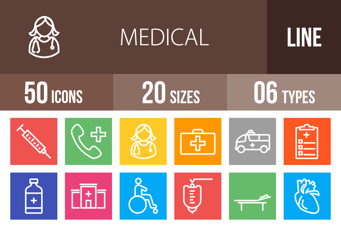 50 Medical Line Multicolor B/G Icons - Overview - IconBunny