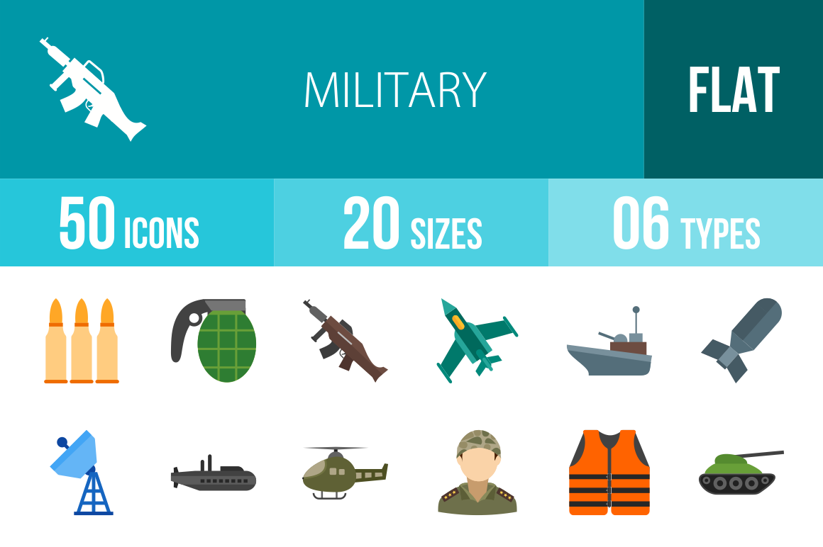 50 Military Flat Multicolor Icons - Overview - IconBunny