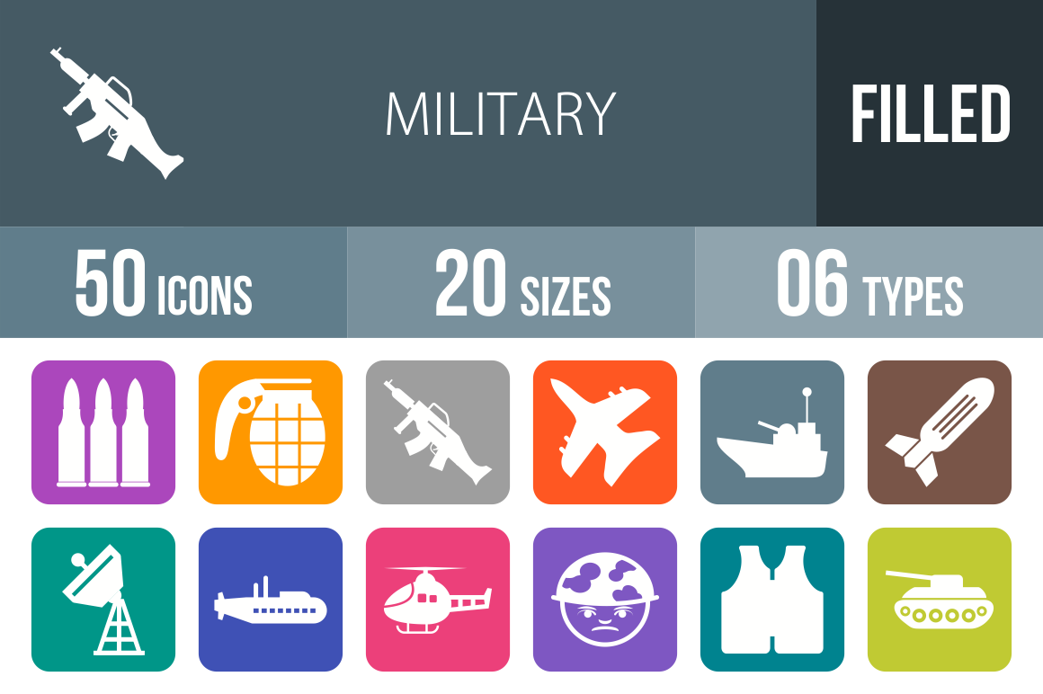 50 Military Flat Round Corner Icons - Overview - IconBunny