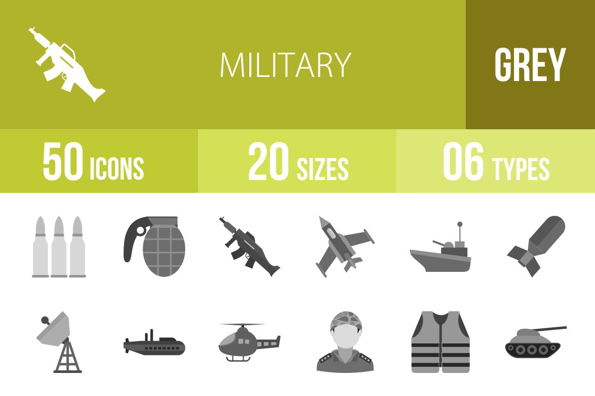50 Military Greyscale Icons - Overview - IconBunny