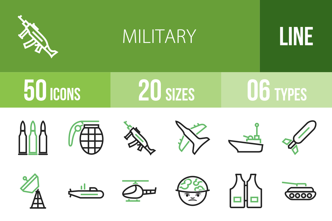 50 Military Line Green & Black Icons - Overview - IconBunny