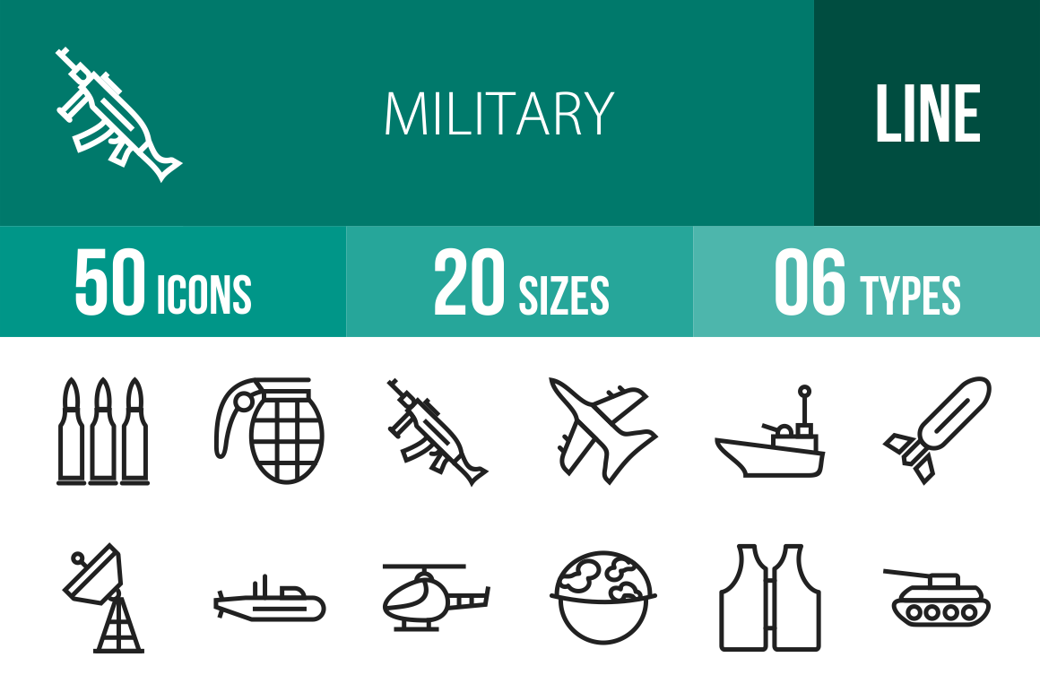 50 Military Line Icons - Overview - IconBunny