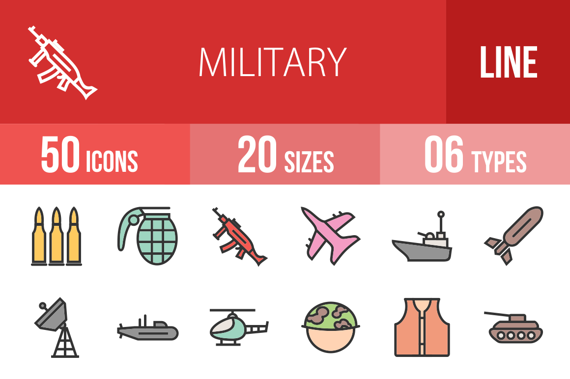 50 Military Line Multicolor Filled Icons - Overview - IconBunny