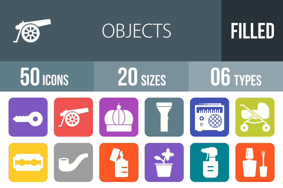50 Objects Flat Round Corner Icons - Overview - IconBunny