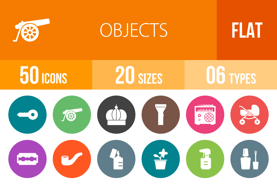 50 Objects Flat Round Icons - Overview - IconBunny