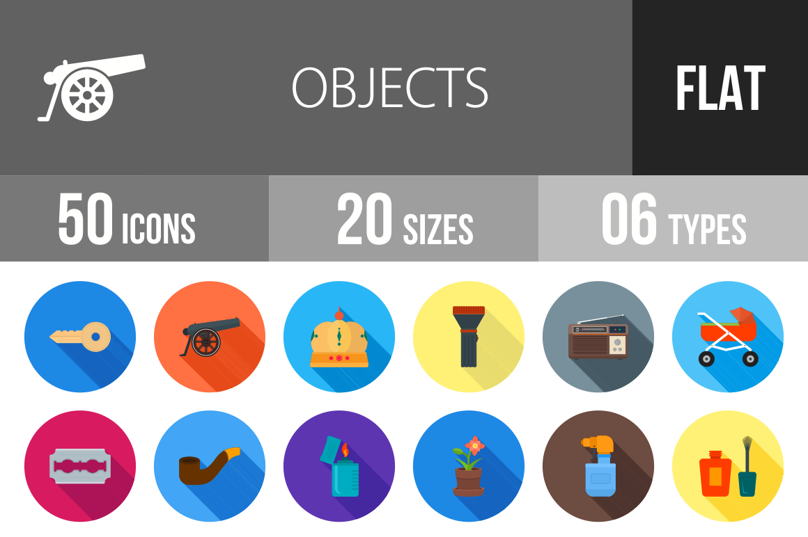 50 Objects Flat Shadowed Icons - Overview - IconBunny