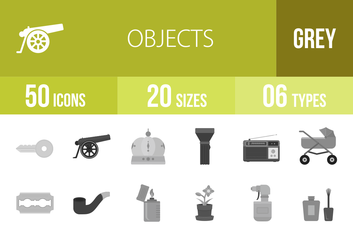 50 Objects Greyscale Icons - Overview - IconBunny
