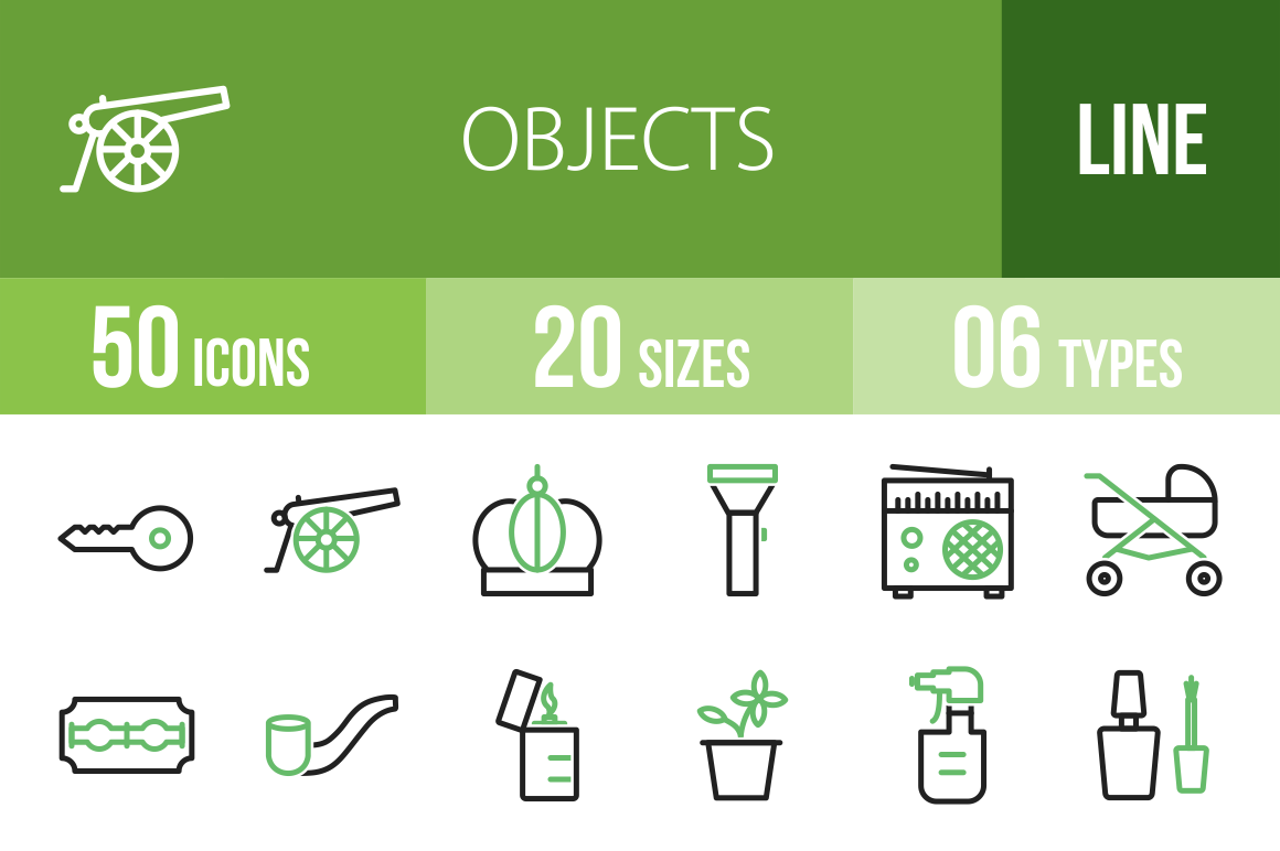 50 Objects Line Green & Black Icons - Overview - IconBunny
