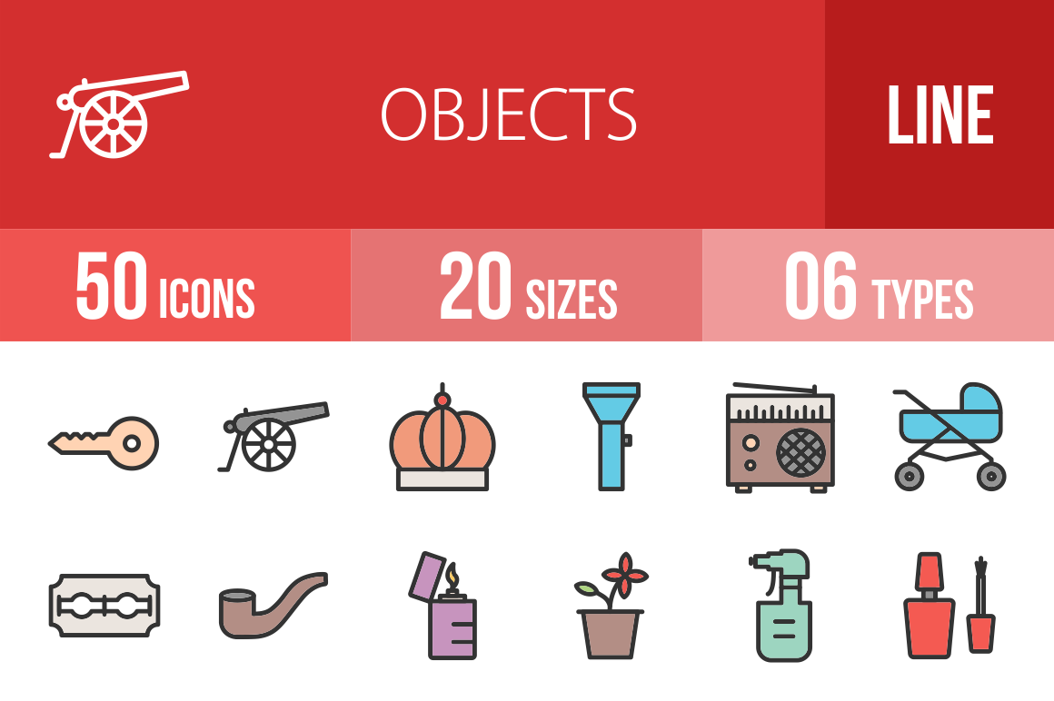 50 Objects Line Multicolor Filled Icons - Overview - IconBunny