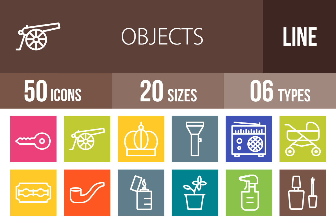 50 Objects Line Multicolor B/G Icons - Overview - IconBunny
